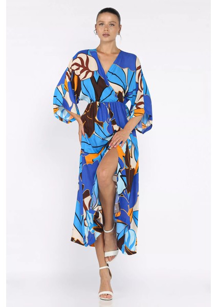 Kadın Kruvaze Yaka Bel Lastikli Yırtmaçlı Desenli Viskon Elbise P-00017809