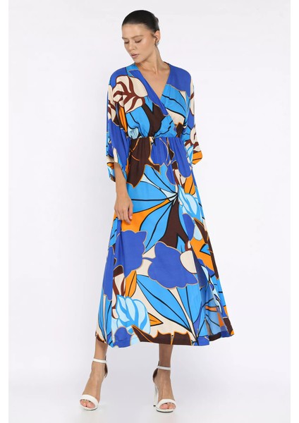 Kadın Kruvaze Yaka Bel Lastikli Yırtmaçlı Desenli Viskon Elbise P-00017809 fiyatları