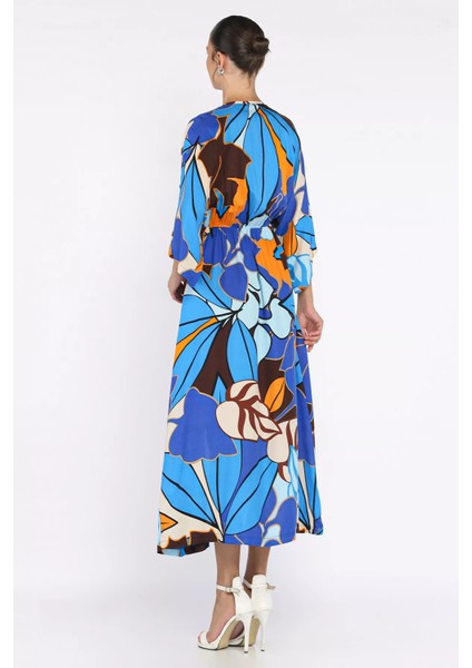 Kadın Kruvaze Yaka Bel Lastikli Yırtmaçlı Desenli Viskon Elbise P-00017809 modelleri