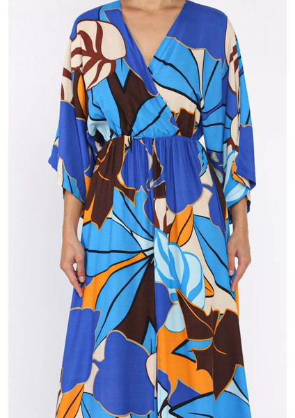 Kadın Kruvaze Yaka Bel Lastikli Yırtmaçlı Desenli Viskon Elbise P-00017809 fırsatları