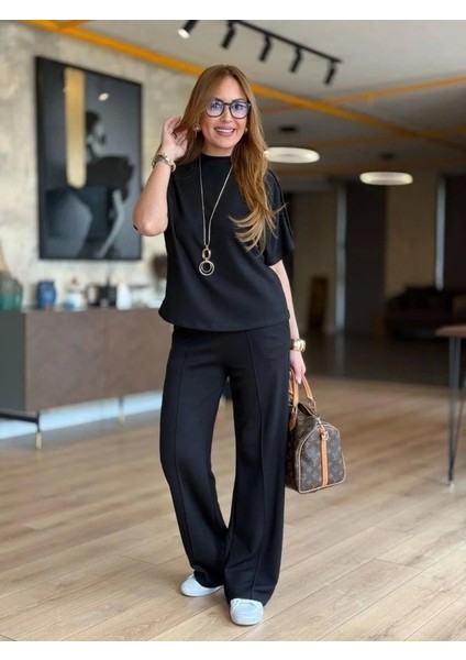 Kadın Kısa Kollu Bisiklet Yaka Omuzdan Düğmeli Viskon Iki Iplik Kısa Bluz ve Pantolon Ikili Takım modelleri