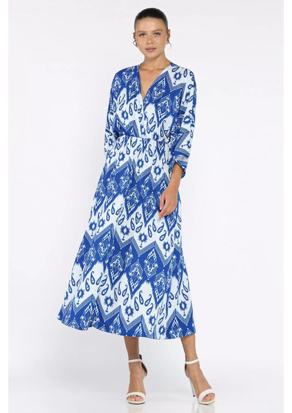 Kadın Kruvaze Yaka Bel Lastikli Yarasa Kol Yırtmaç Detaylı Desenli Elbise P-00017808 fiyatları