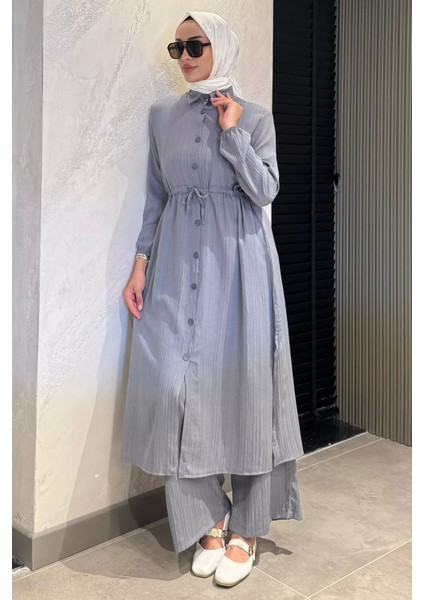 Kendinden Desenli Bel Bağlama Detaylı Tesettür Tunik Pantolon Ikili Takım P-00017823