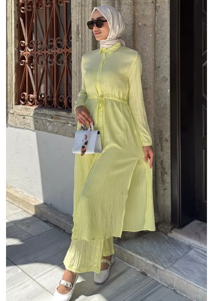 Kendinden Desenli Bel Bağlama Detaylı Tesettür Tunik Pantolon Ikili Takım P-00017823