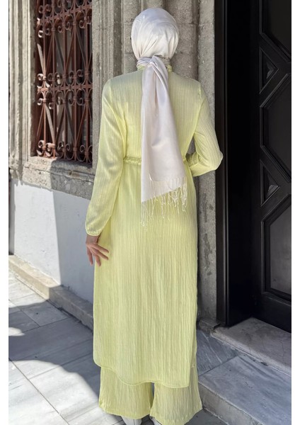 Kendinden Desenli Bel Bağlama Detaylı Tesettür Tunik Pantolon Ikili Takım P-00017823 modelleri