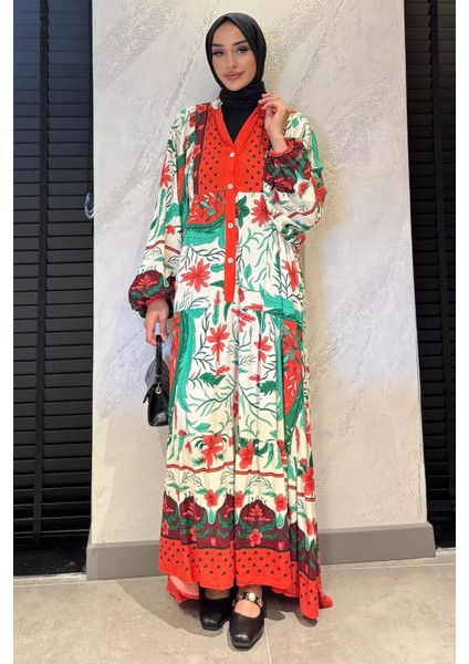 Kadın Ön Düğme Detaylı Desenli Tesettür Elbise P-00017798