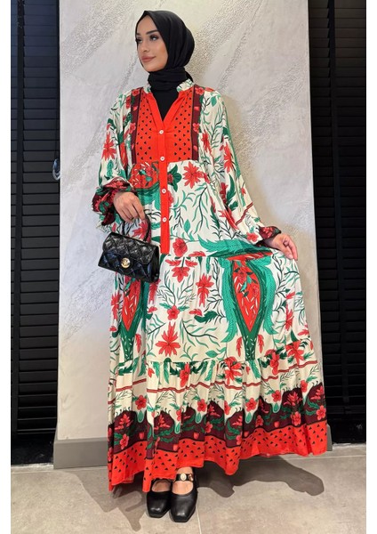 Kadın Ön Düğme Detaylı Desenli Tesettür Elbise P-00017798 fiyatları