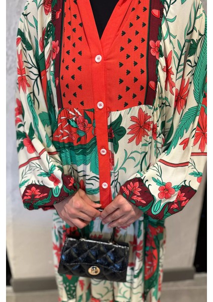 Kadın Ön Düğme Detaylı Desenli Tesettür Elbise P-00017798 modelleri