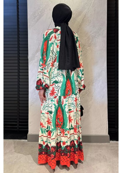 Kadın Ön Düğme Detaylı Desenli Tesettür Elbise P-00017798 fırsatları