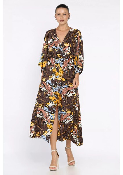 Kadın Kruvaze Yaka Bel Lastikli Yırtmaçlı Desenli Viskon Elbise P-00017809