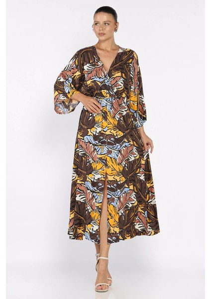 Kadın Kruvaze Yaka Bel Lastikli Yırtmaçlı Desenli Viskon Elbise P-00017809 fiyatları