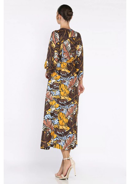 Kadın Kruvaze Yaka Bel Lastikli Yırtmaçlı Desenli Viskon Elbise P-00017809 modelleri