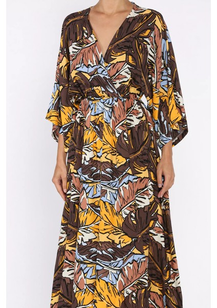 Kadın Kruvaze Yaka Bel Lastikli Yırtmaçlı Desenli Viskon Elbise P-00017809 fırsatları