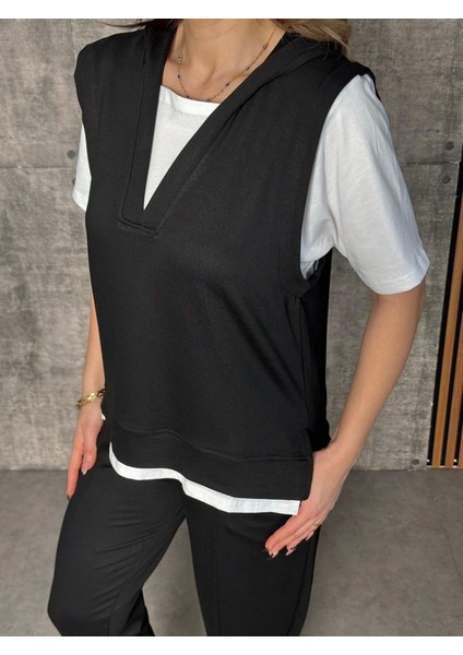 Kadın Kısa Kollu V Yakalı Kapşonlu Viskon Iki Iplik Bluz ve Pantolon Takım fiyatları