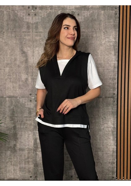 Kadın Kısa Kollu V Yakalı Kapşonlu Viskon Iki Iplik Bluz ve Pantolon Takım modelleri