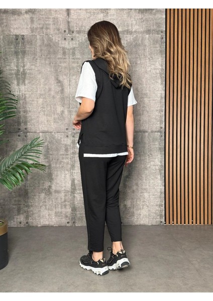 Kadın Kısa Kollu V Yakalı Kapşonlu Viskon Iki Iplik Bluz ve Pantolon Takım fırsatları