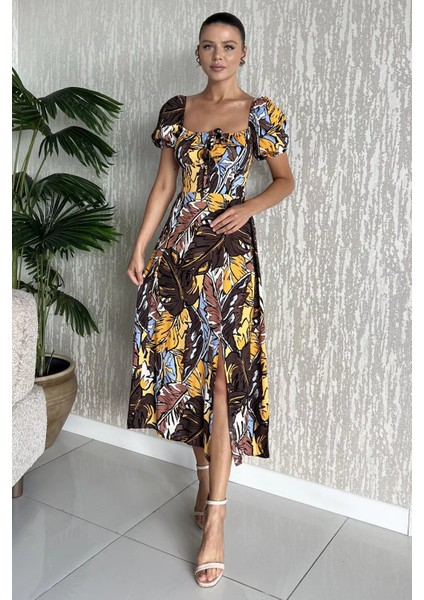 Kadın Sırt Lastikli Ön Bağlama Detaylı Desenli Yırtmaçlı Viskon Elbise P-00017807