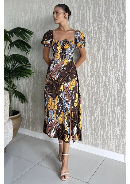 Kadın Sırt Lastikli Ön Bağlama Detaylı Desenli Yırtmaçlı Viskon Elbise P-00017807 fiyatları