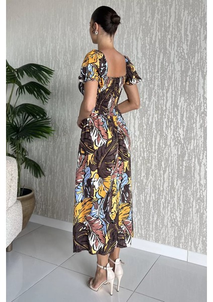 Kadın Sırt Lastikli Ön Bağlama Detaylı Desenli Yırtmaçlı Viskon Elbise P-00017807 modelleri