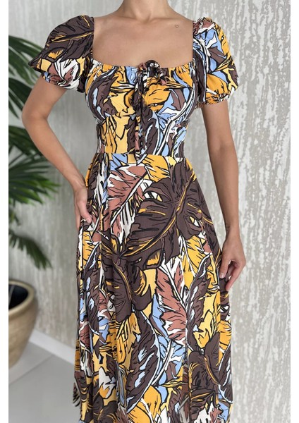 Kadın Sırt Lastikli Ön Bağlama Detaylı Desenli Yırtmaçlı Viskon Elbise P-00017807 fırsatları