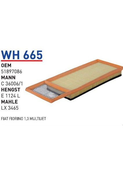 Wh665 Oem 51897086 Fiat fiorino 1,3 panda Qubo 500L Otomobil hava filtre air filter