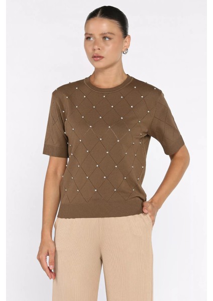 Kendinden Desenli Taşlı Kadın Bluz P-00011142