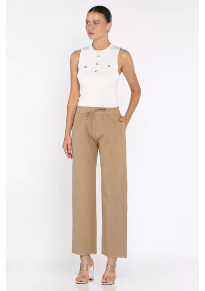 Bel Lastikli Paça Püsküllü Kadın Keten Pantolon P-00017847