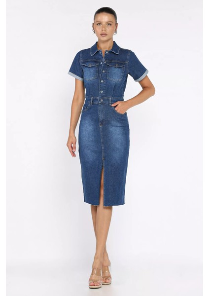 Kadın Polo Yaka Ön Çıtçıtlı Yırtmaç Detaylı Jean Kot Elbise P-00017824