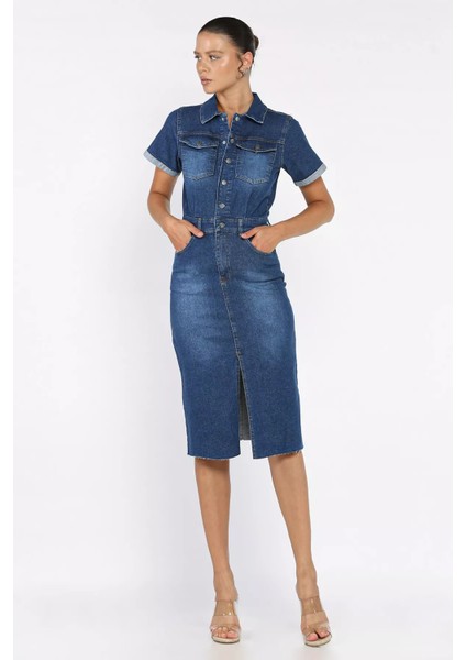 Kadın Polo Yaka Ön Çıtçıtlı Yırtmaç Detaylı Jean Kot Elbise P-00017824 fiyatları