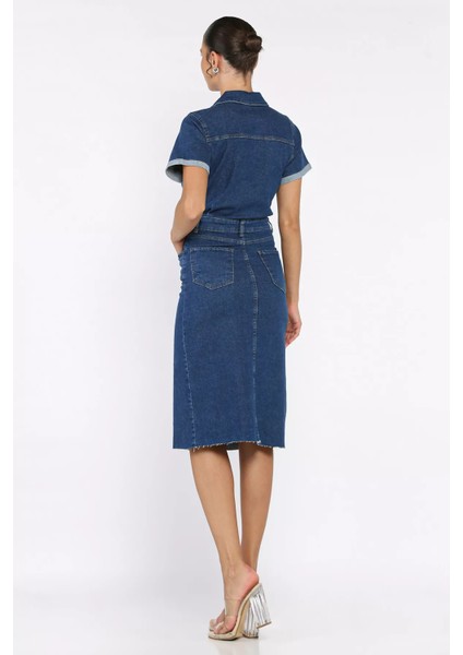 Kadın Polo Yaka Ön Çıtçıtlı Yırtmaç Detaylı Jean Kot Elbise P-00017824 modelleri