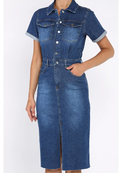 Kadın Polo Yaka Ön Çıtçıtlı Yırtmaç Detaylı Jean Kot Elbise P-00017824 fırsatları