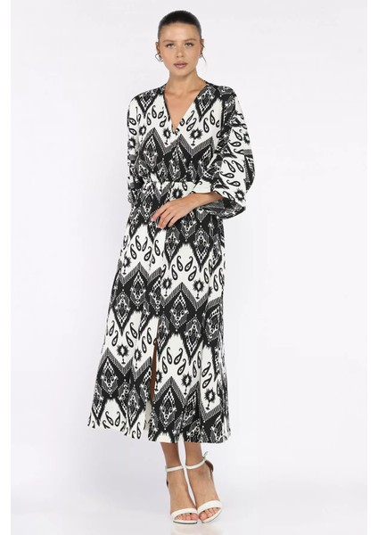 Kadın Kruvaze Yaka Bel Lastikli Yarasa Kol Yırtmaç Detaylı Desenli Elbise P-00017808 fiyatları