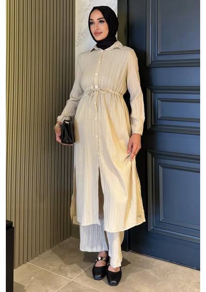 Kendinden Desenli Bel Bağlama Detaylı Tesettür Tunik Pantolon Ikili Takım P-00017823