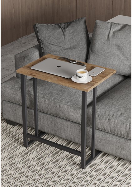 Laptop Sehpası, Metal Ayaklı Çalışma Sehpası, Kahvaltı Sehpası, Servis Sehpası 60x40cm Çam