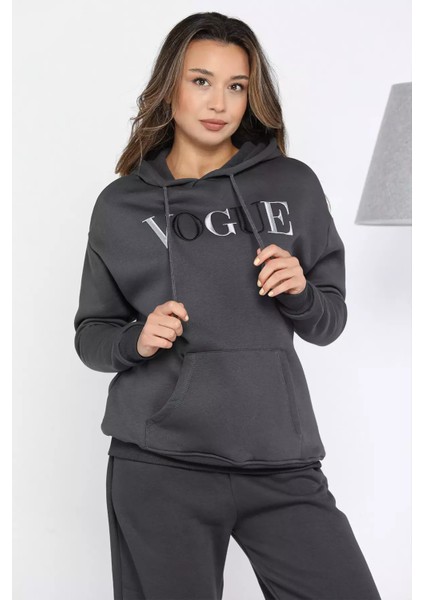 Kadın Kapüşonlu Nakışlı Şardonlu Üç Iplik Sweatshirt P-00012715