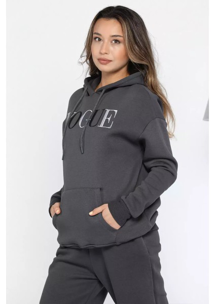 Kadın Kapüşonlu Nakışlı Şardonlu Üç Iplik Sweatshirt P-00012715