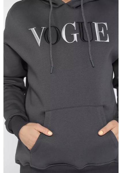 Kadın Kapüşonlu Nakışlı Şardonlu Üç Iplik Sweatshirt P-00012715