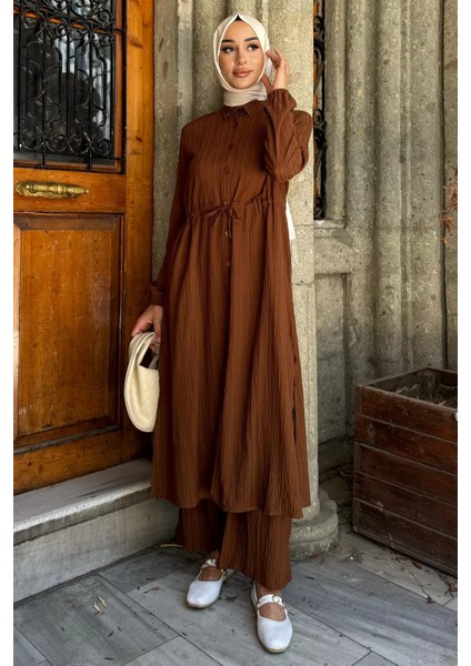 Kendinden Desenli Bel Bağlama Detaylı Tesettür Tunik Pantolon Ikili Takım P-00017823