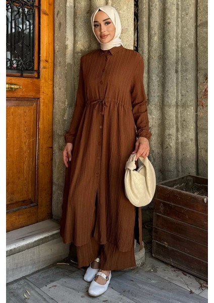 Kendinden Desenli Bel Bağlama Detaylı Tesettür Tunik Pantolon Ikili Takım P-00017823 fiyatları