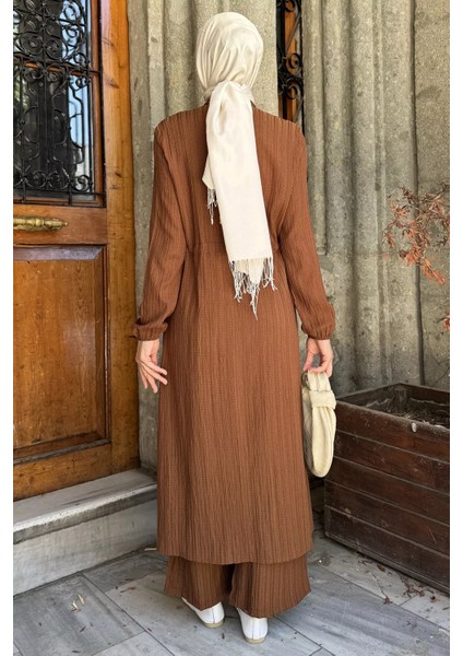 Kendinden Desenli Bel Bağlama Detaylı Tesettür Tunik Pantolon Ikili Takım P-00017823 fırsatları