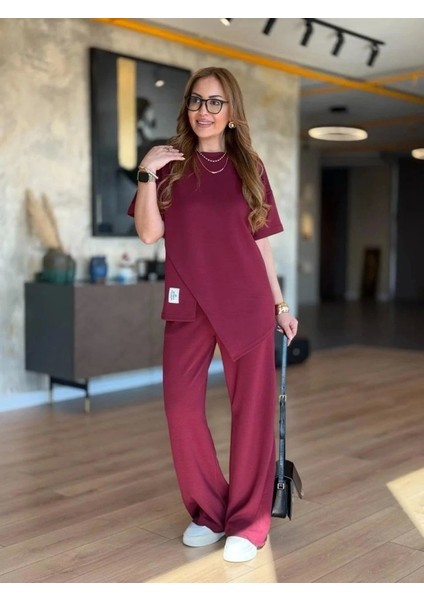 Kadın Kısa Kollu Bisiklet Yaka Asimetrik Viskon Iki Iplik Bluz ve Pantolon Ikili Takım fiyatları