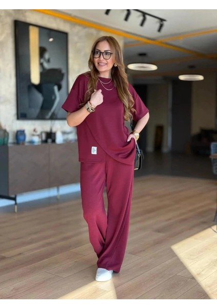 Kadın Kısa Kollu Bisiklet Yaka Asimetrik Viskon Iki Iplik Bluz ve Pantolon Ikili Takım fırsatları