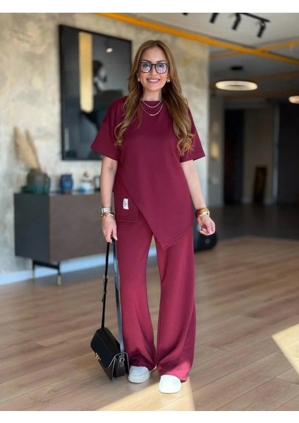 Kadın Kısa Kollu Bisiklet Yaka Asimetrik Viskon Iki Iplik Bluz ve Pantolon Ikili Takım indirimleri