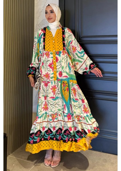 Kadın Ön Düğme Detaylı Desenli Tesettür Elbise P-00017798