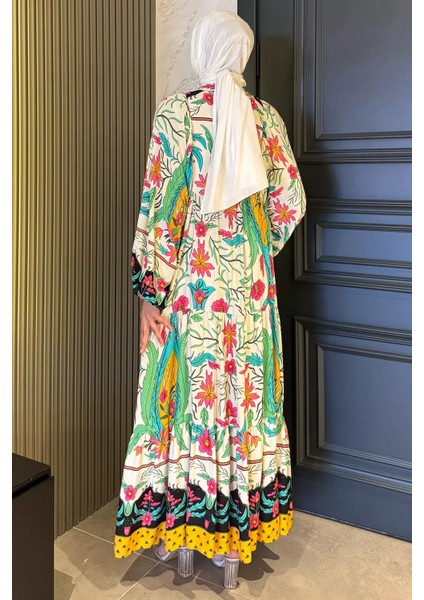 Kadın Ön Düğme Detaylı Desenli Tesettür Elbise P-00017798 fırsatları