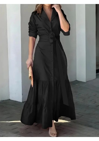 Kadın Uzun Kollu Eteği Fırfırlı Beli Kuşaklı Trikoton Tam Boy Gömlek Elbise modelleri