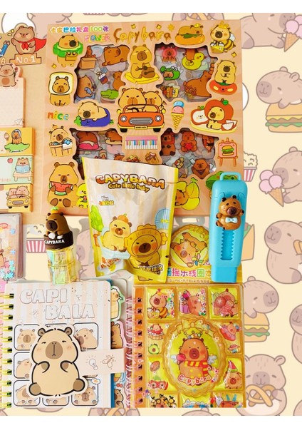 Capybara Kapibara 13 Parça Kırtasiye Seti Sticker Kalemtraş Silgi Postit Defter Sürpriz Paket