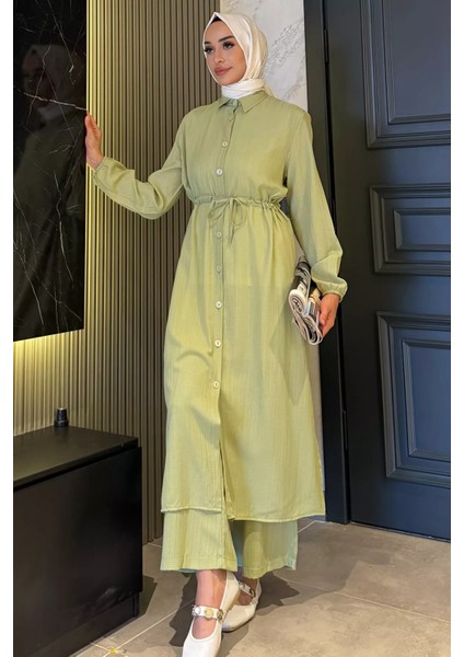 Kendinden Desenli Bel Bağlama Detaylı Tesettür Tunik Pantolon Ikili Takım P-00017823