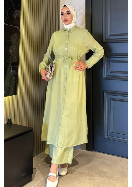 Kendinden Desenli Bel Bağlama Detaylı Tesettür Tunik Pantolon Ikili Takım P-00017823 fiyatları