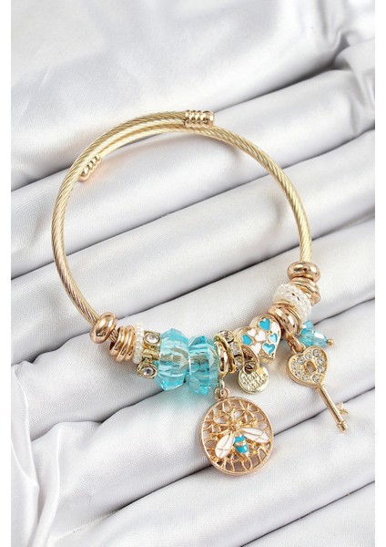 316L Çelik Mavi Zirkon Taşlı Baykuş Arı ve Anahtar Model Gold Renk Charm Bileklik - Estetik Dokunuş